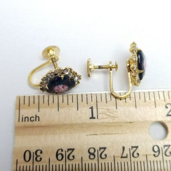 Vintage Enamel Heart Rhinestone Halo Clip On Earrings, Prong Set Screw Backs - Picture 4 of 6